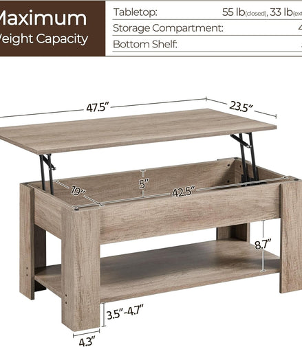 Lift Top Coffee Table with Hidden Compartment and Storage Shelf