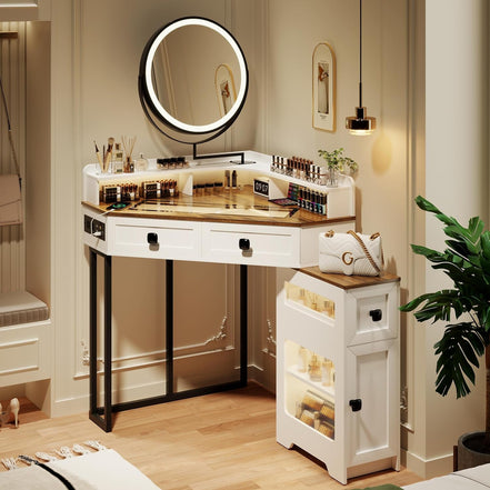 White Corner Glass Top Vanity