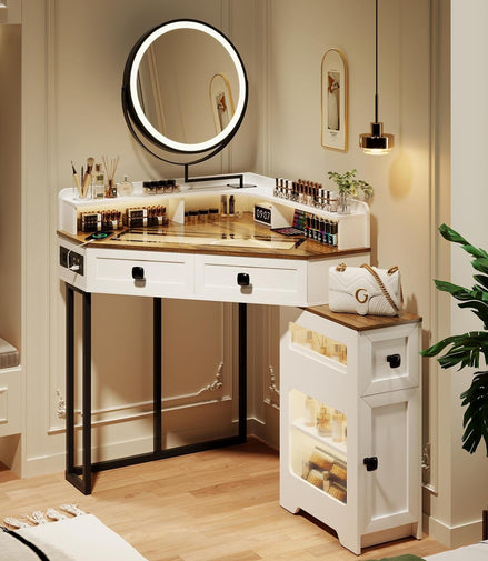 White Corner Glass Top Vanity