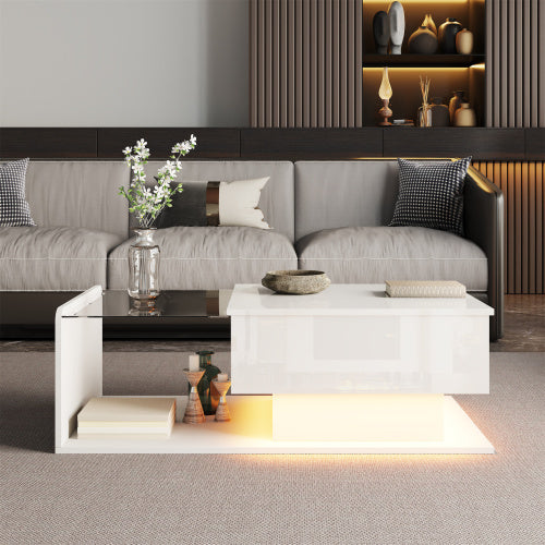 Coffee Table, High-Gloss White, Side Table, Coffee Table With Glass And LED Effect, With Glass Top