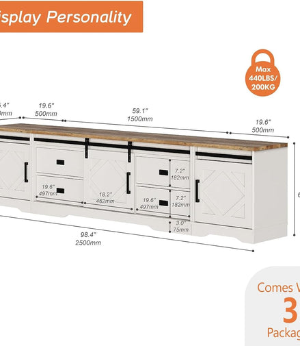 98.4" Wide TV Stand for Tvs up to 110",Faux Bark Finish Wood