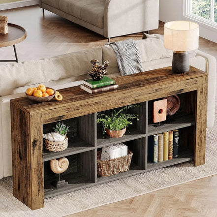 Rustic Wood Entryway Table with 6 Storage Cubes