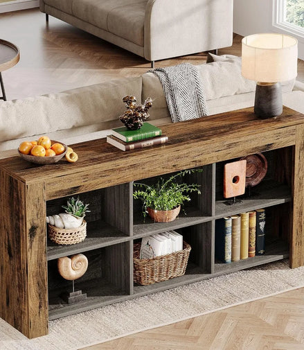 Rustic Wood Entryway Table with 6 Storage Cubes
