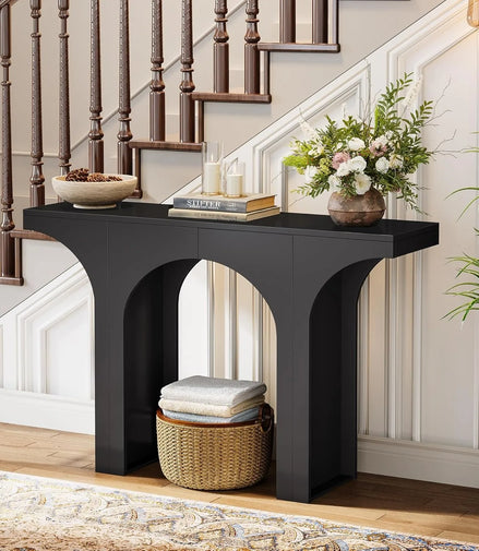 47-Inch Modern Black Console Table for Entryway, Narrow Sofa Table with Arched Design, Foyer Accent Table for Hallway