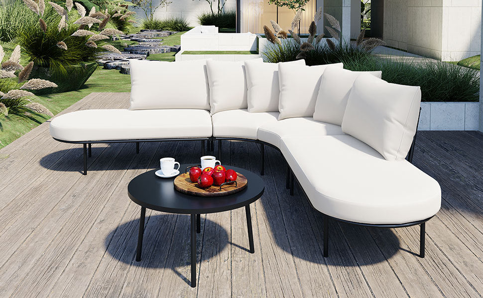 Patio Half- Moon Curved Outdoor Furniture Sofa Set with Coffee Table,