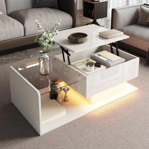 Coffee Table, High-Gloss White, Side Table, Coffee Table With Glass And LED Effect, With Glass Top