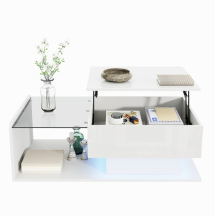 Coffee Table, High-Gloss White, Side Table, Coffee Table With Glass And LED Effect, With Glass Top