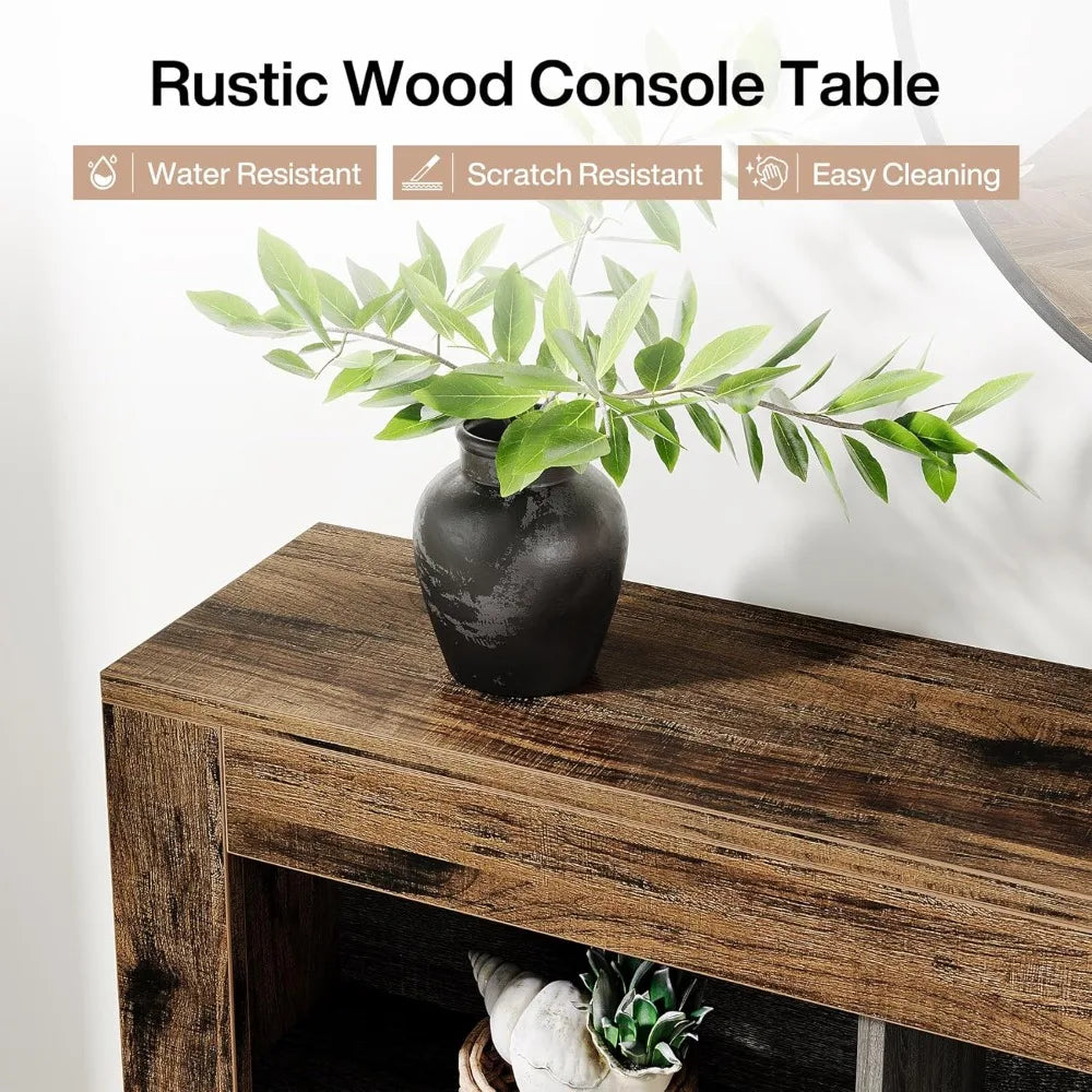 Rustic Wood Entryway Table with 6 Storage Cubes
