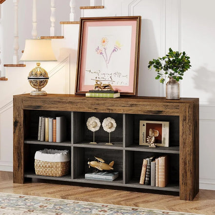 Rustic Wood Entryway Table with 6 Storage Cubes