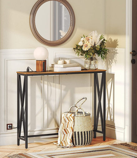 Rustic Brown Sofa Table with Power Outlet