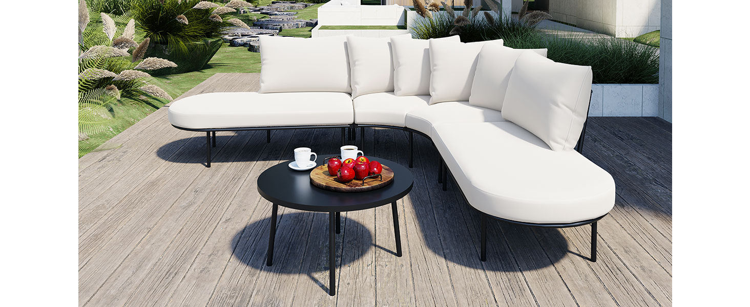 Patio Half- Moon Curved Outdoor Furniture Sofa Set with Coffee Table,