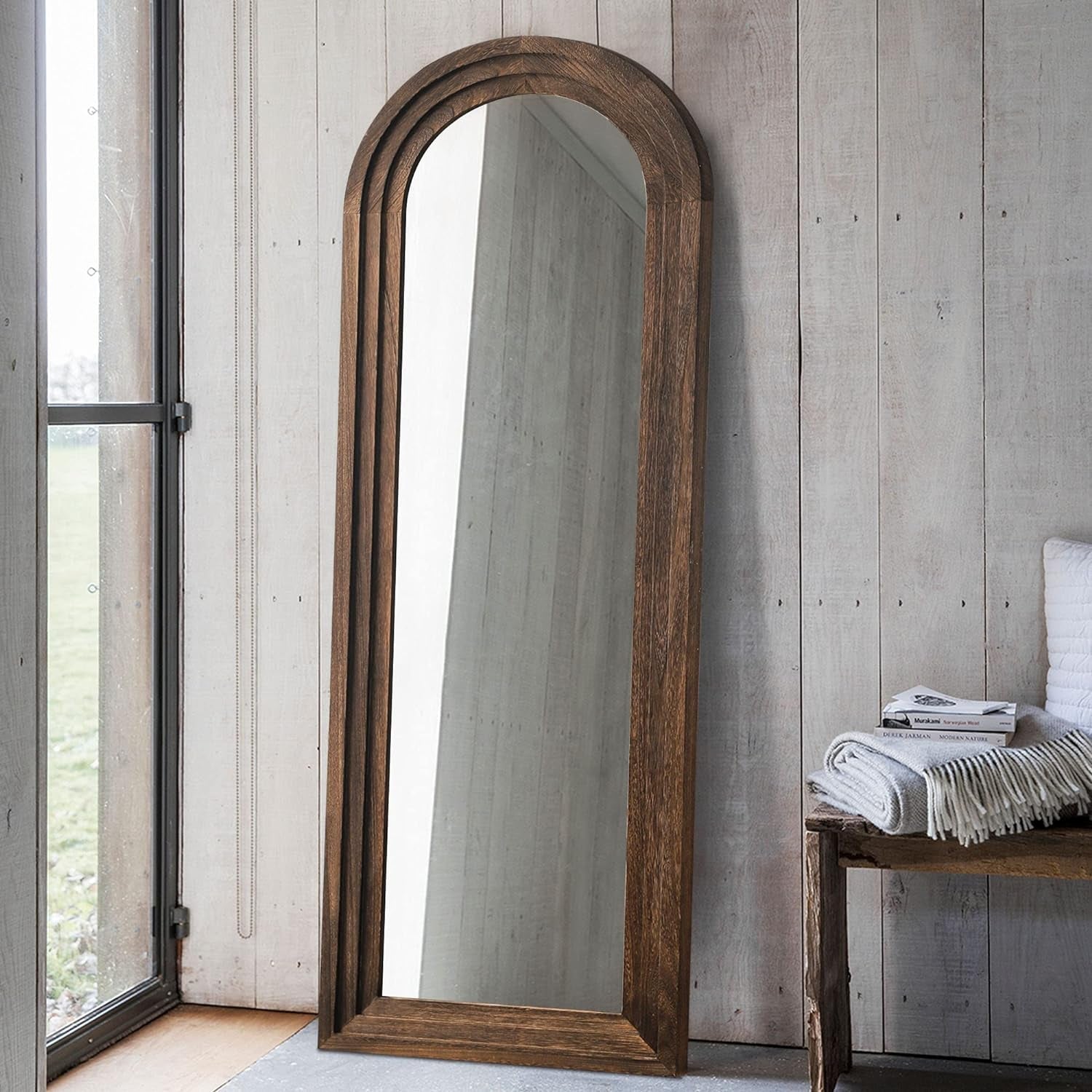 Wooden Arched Floor Mirror with Distressed Style