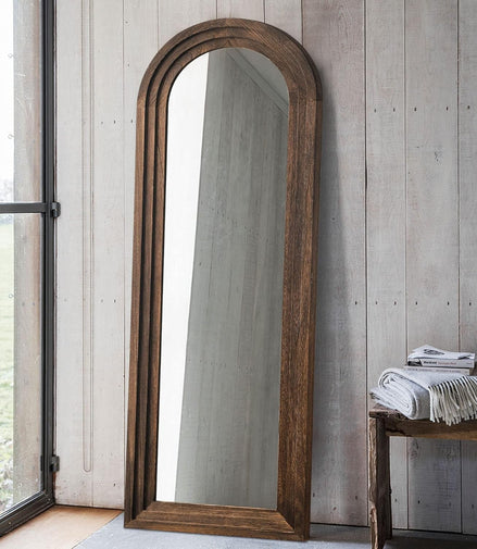 Wooden Arched Floor Mirror with Distressed Style